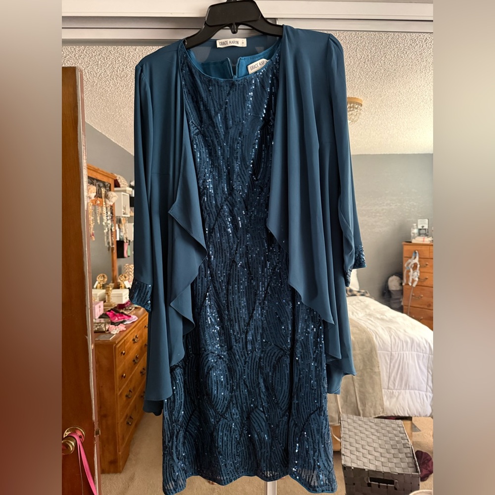 Grace Karin Teal Sequin Evening Dress with Jacket